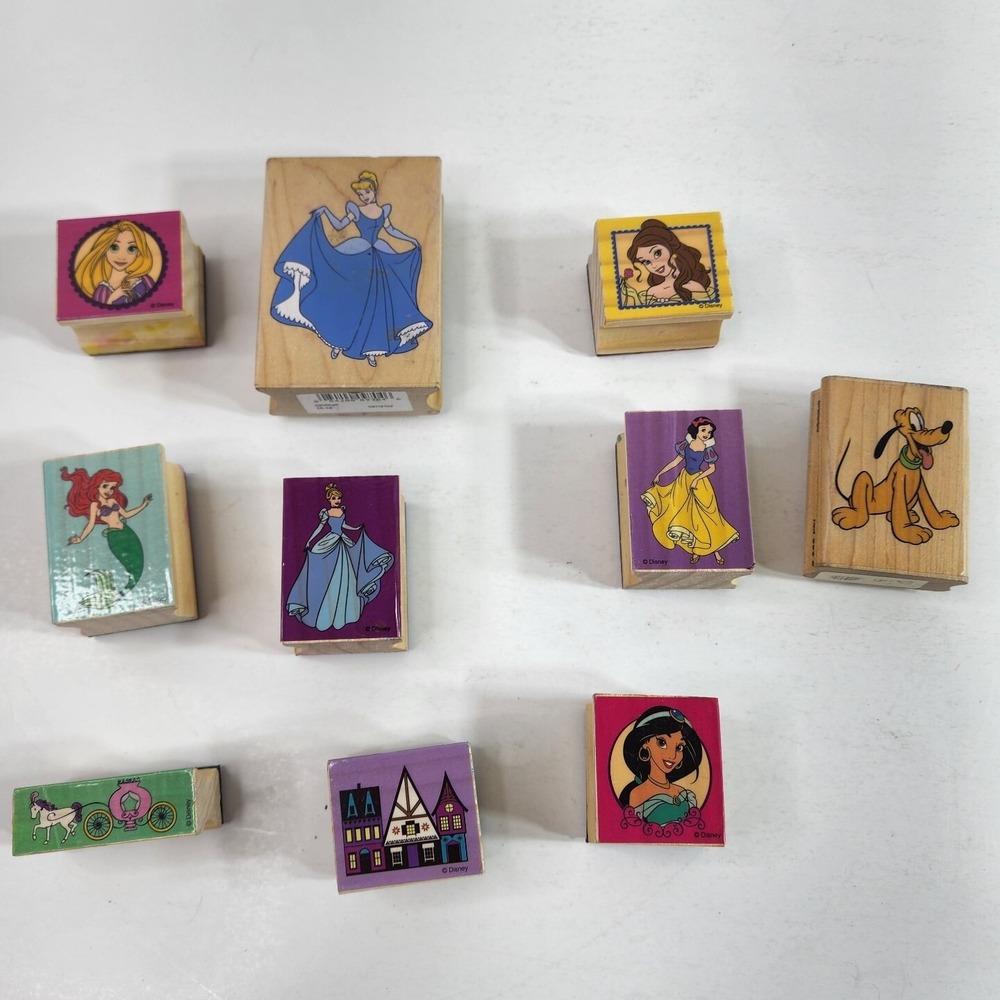 Disney Princesses & Pluto Wood Rubber Stamp LOT of 10 Crafts Cards Scrapbooking